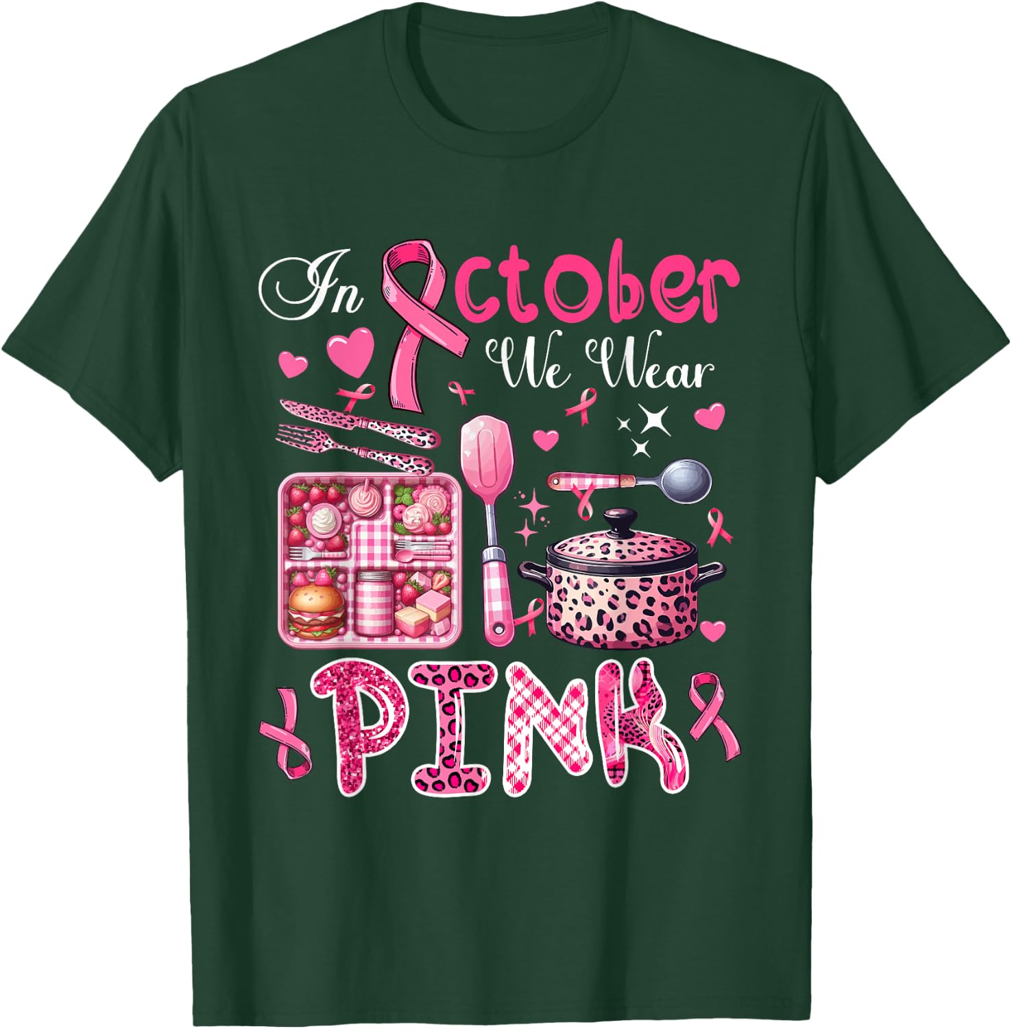 In October We Wear Pink Breast Cancer Awareness Lunch Lady T-Shirt - T-Shirt | Forest