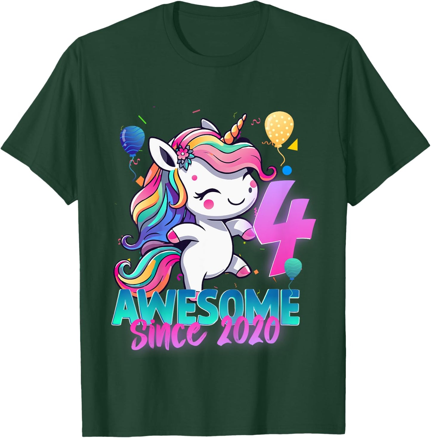 Kids 4th Birthday Girl Awesome Since 2020 4 Years Old Unicorn T-Shirt - T-Shirt | Forest