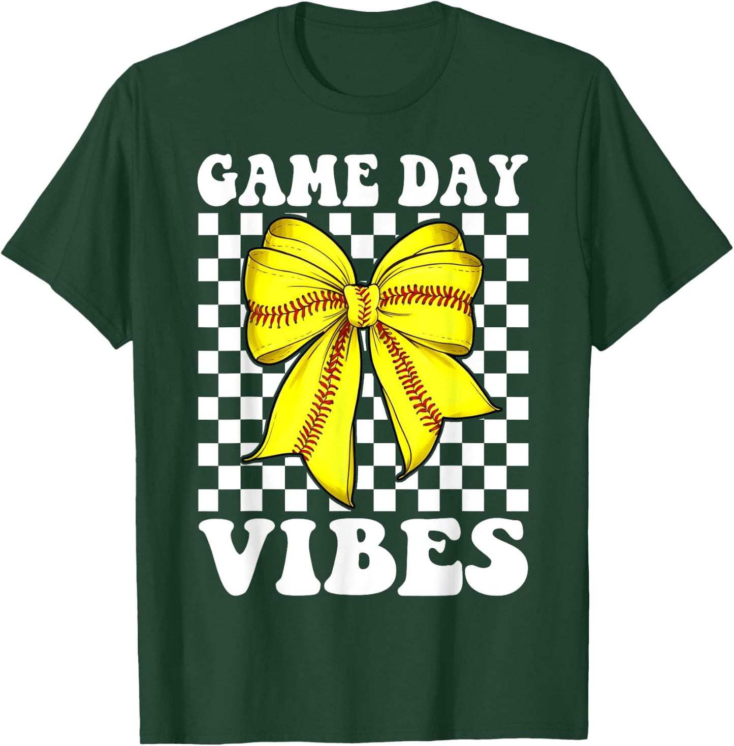 Groovy Softball Game Day Vibes Coquette Bow Girls Women T-Shirt - T-Shirt | Forest