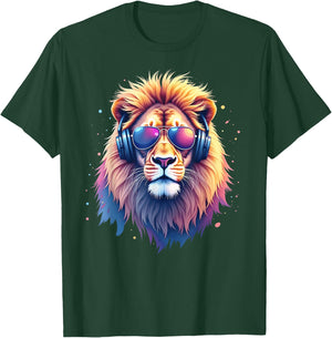 DJ Lion Predatory Cat Cool Lion with Sunglasses & Headphones , black T-Shirt - T-Shirt | Forest