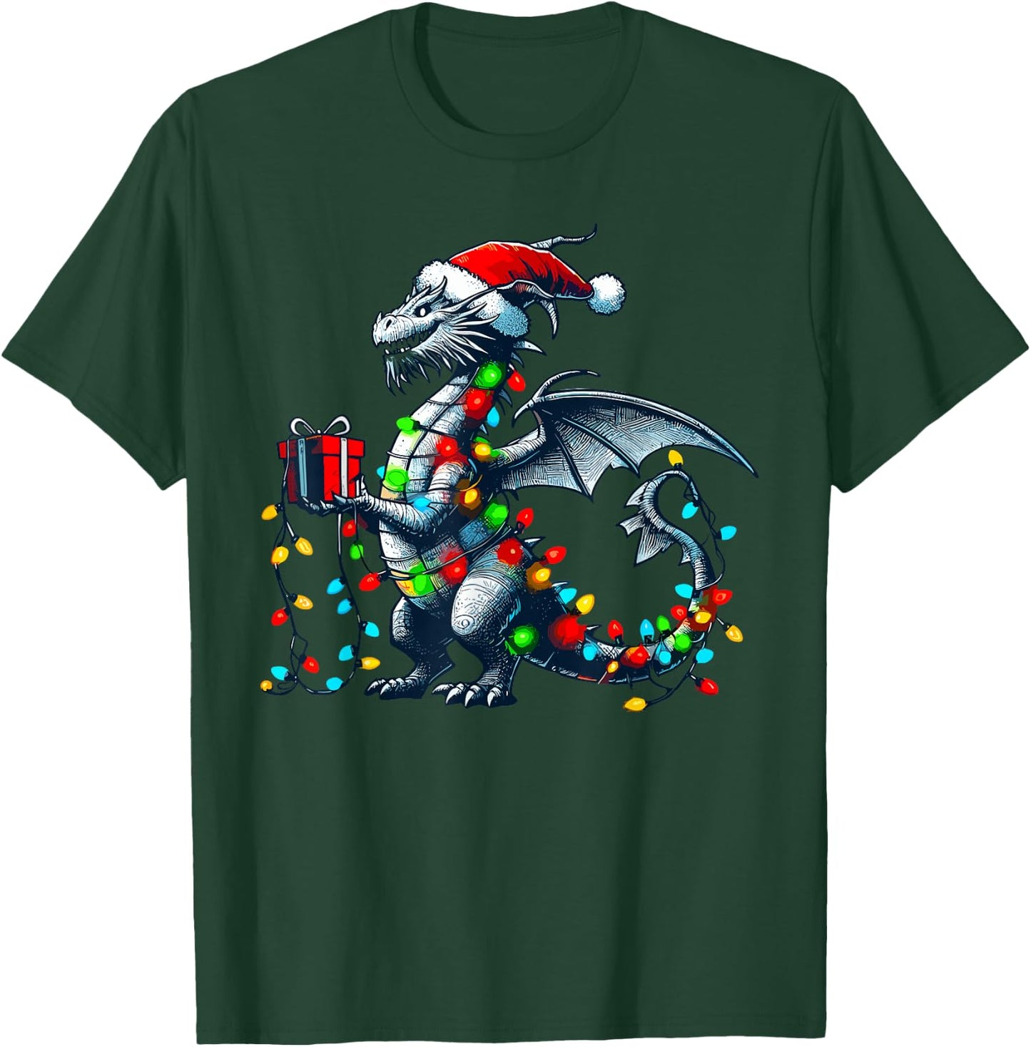Dragon Wearing Santa Claus Hat Holding A Present Box Xmas T-Shirt - T-Shirt | Forest