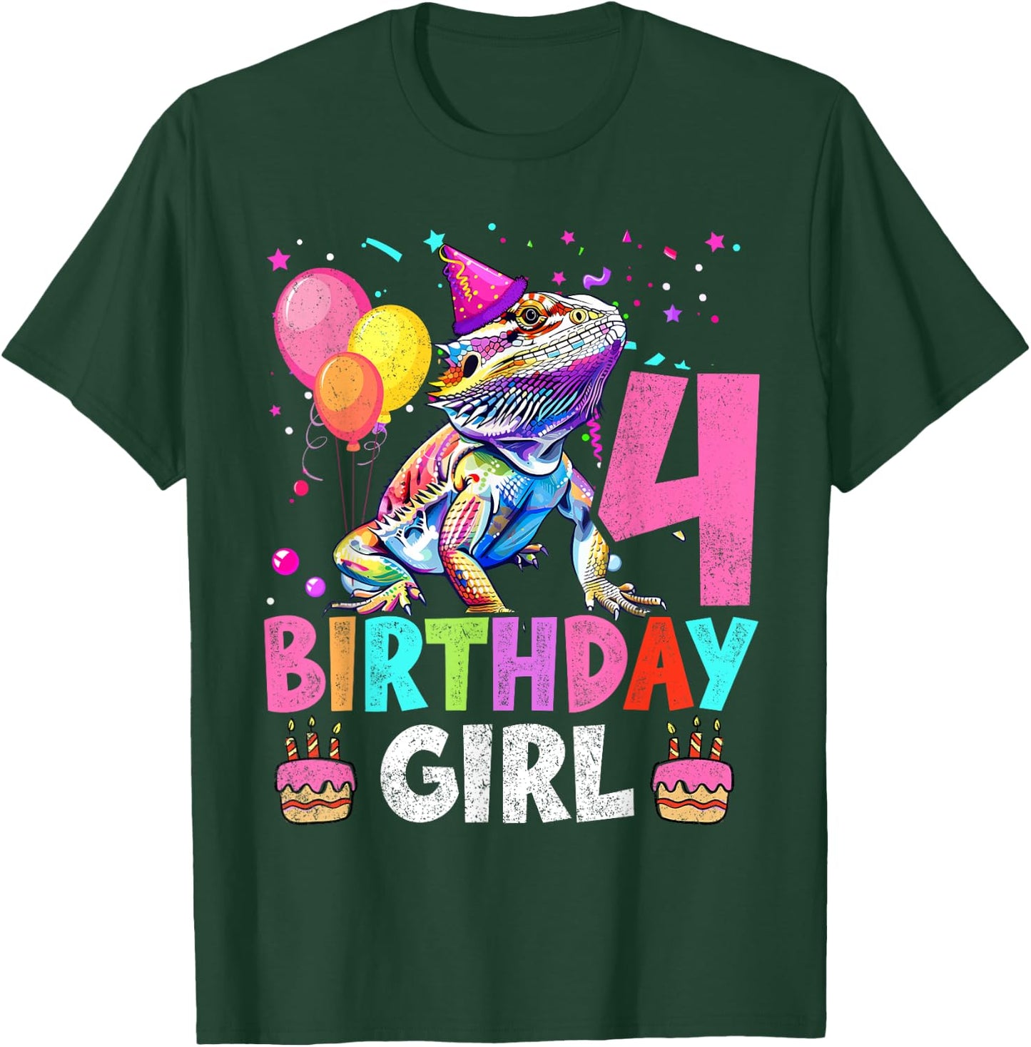 4th Birthday Girl Bearded Dragon 4 Years Old Bday Party T-Shirt - T-Shirt | Forest