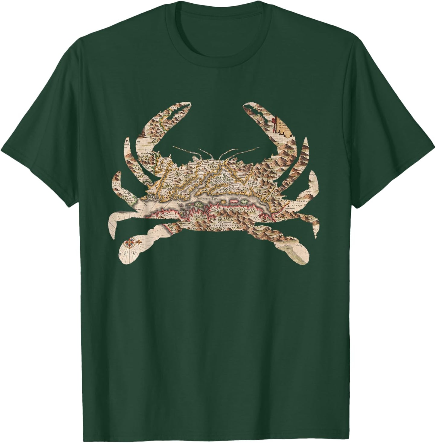 Chesapeake Bay Map (1630) Blue Crab Silhouette T-Shirt - T-Shirt | Forest