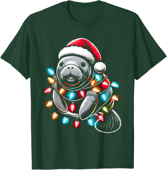 Manatee Santa Hat Christmas Lights Pajama Funny Xmas T-Shirt - T-Shirt | Forest