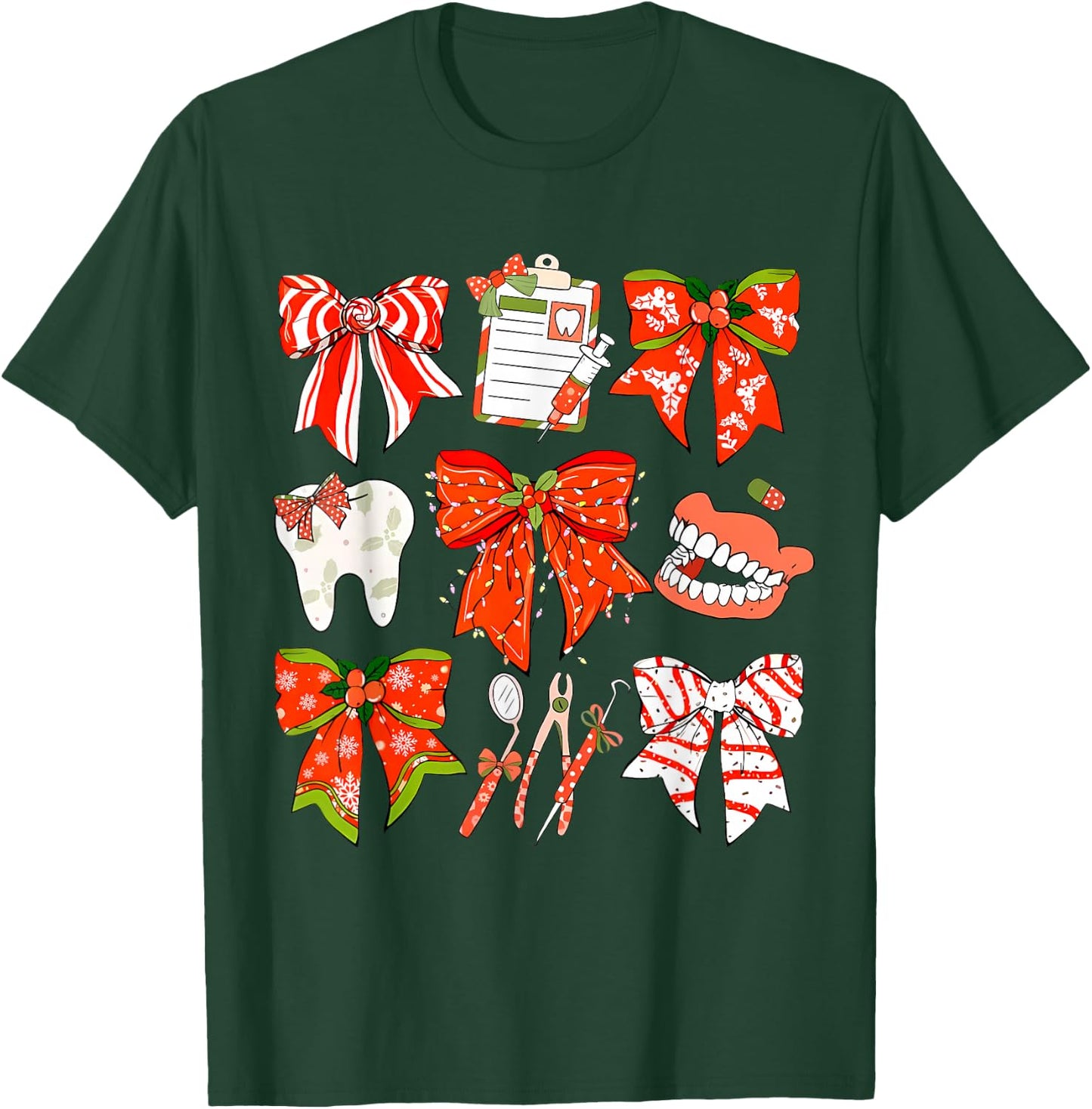 Coquette Bow Dental Christmas Dentist Dental Hygienist T-Shirt - T-Shirt | Forest
