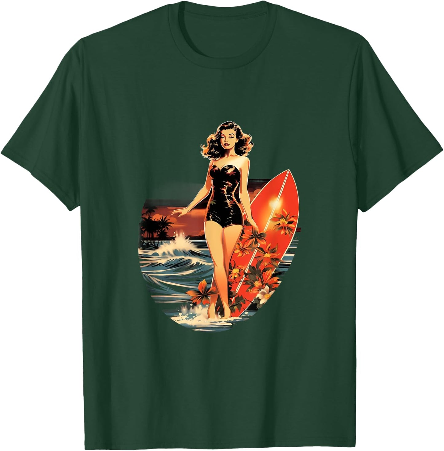 Pinup Girl Surfer Surfboarding Vintage T-Shirt - T-Shirt | Forest