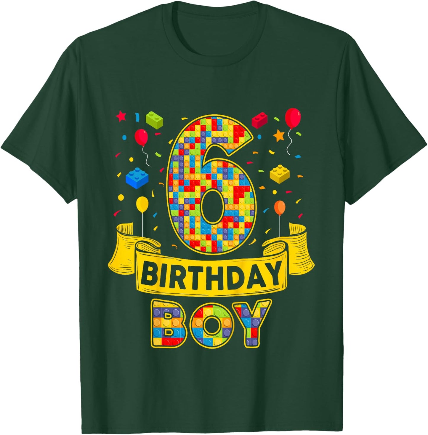 6 Year Old Bday Boy Brick Building 6th Birthday Boy T-Shirt - T-Shirt | Forest