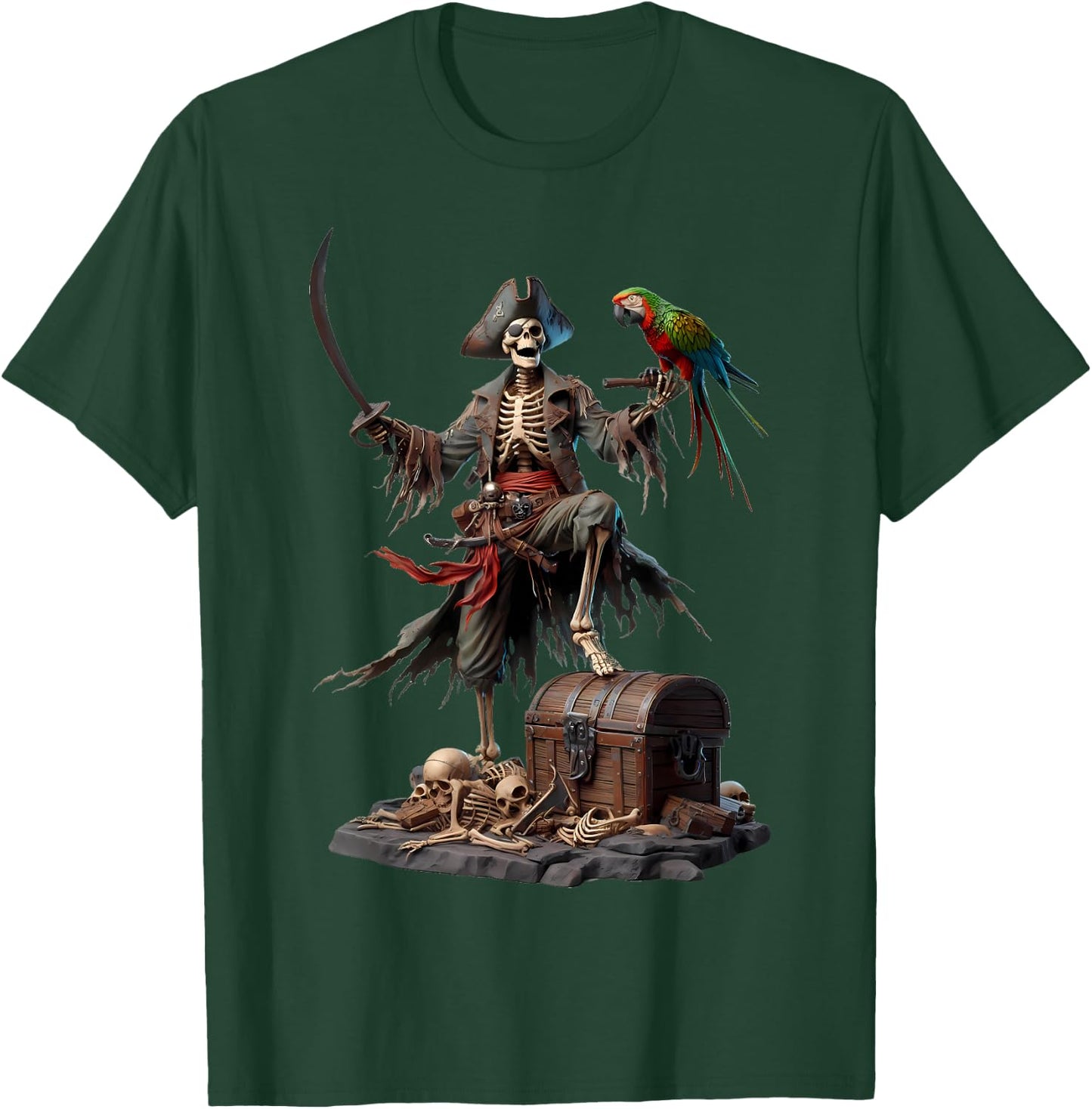 Skeleton Pirate Treasure Chest Parrot Ghostly Skull T-Shirt - T-Shirt | Forest