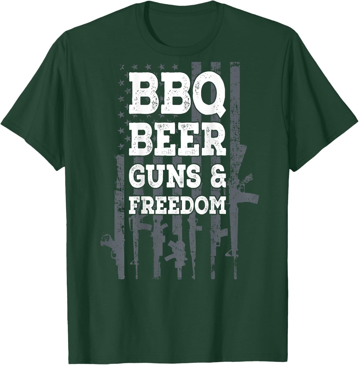 BBQ BEER GUNS & FREEDOM - USA Flag BBQ Drinking Gun ON BACK Men T-Shirt - T-Shirt | Forest