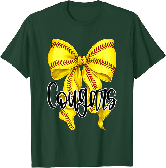 Cougars Softball Bow Mom Game Day School Spirit Cougar Pride T-Shirt - T-Shirt | Forest