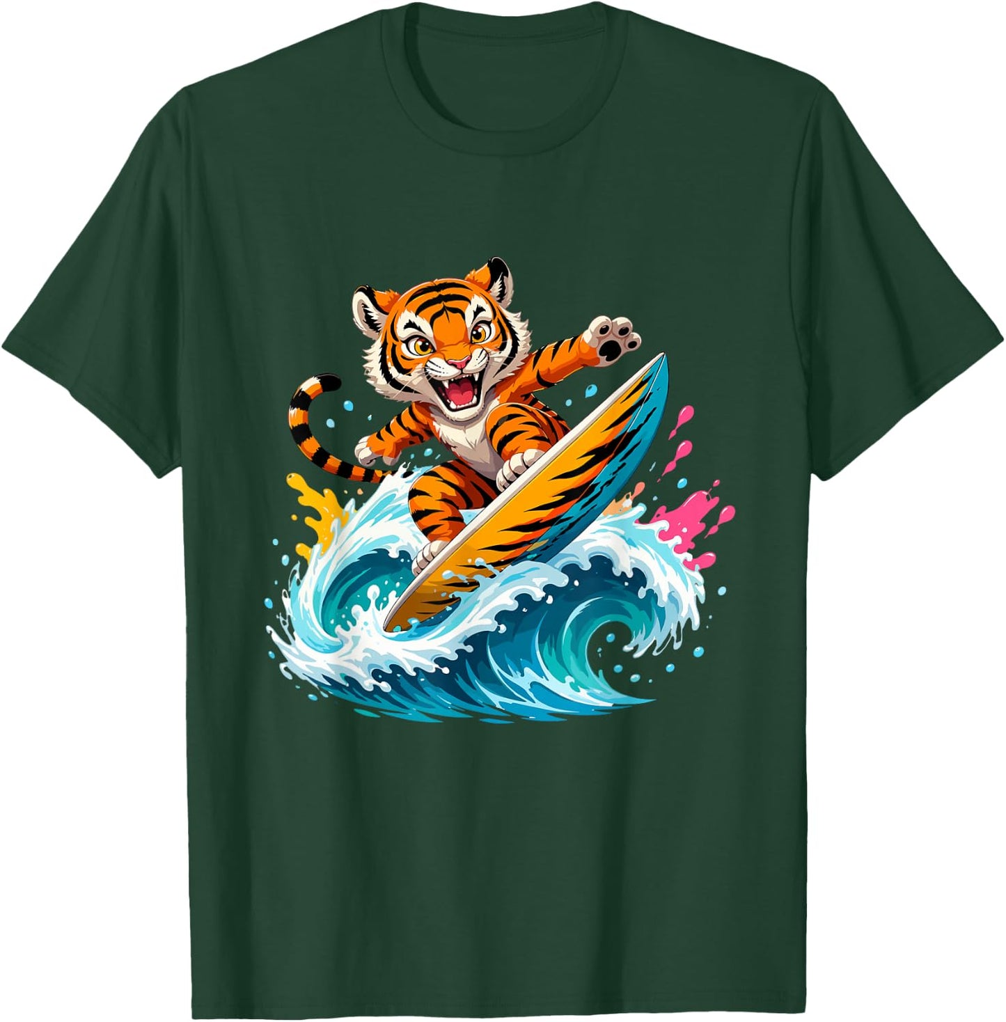 Cartoon Tiger Surfer Riding Big Ocean Wave T-Shirt - T-Shirt | Forest