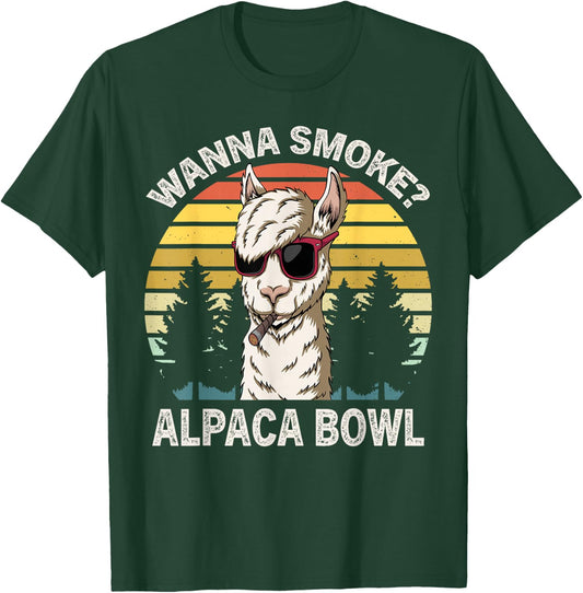Wanna Smoke Alpaca Bowl Funny Llama Smoking Weed Cannabis T-Shirt - T-Shirt | Forest