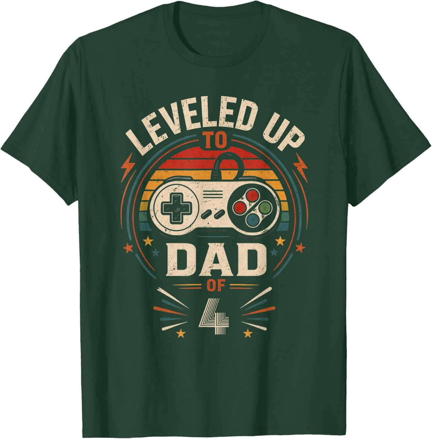 Funny Leveled Up to Dad of 4 Gamers Gaming Daddy Fathers Day T-Shirt - T-Shirt | Forest