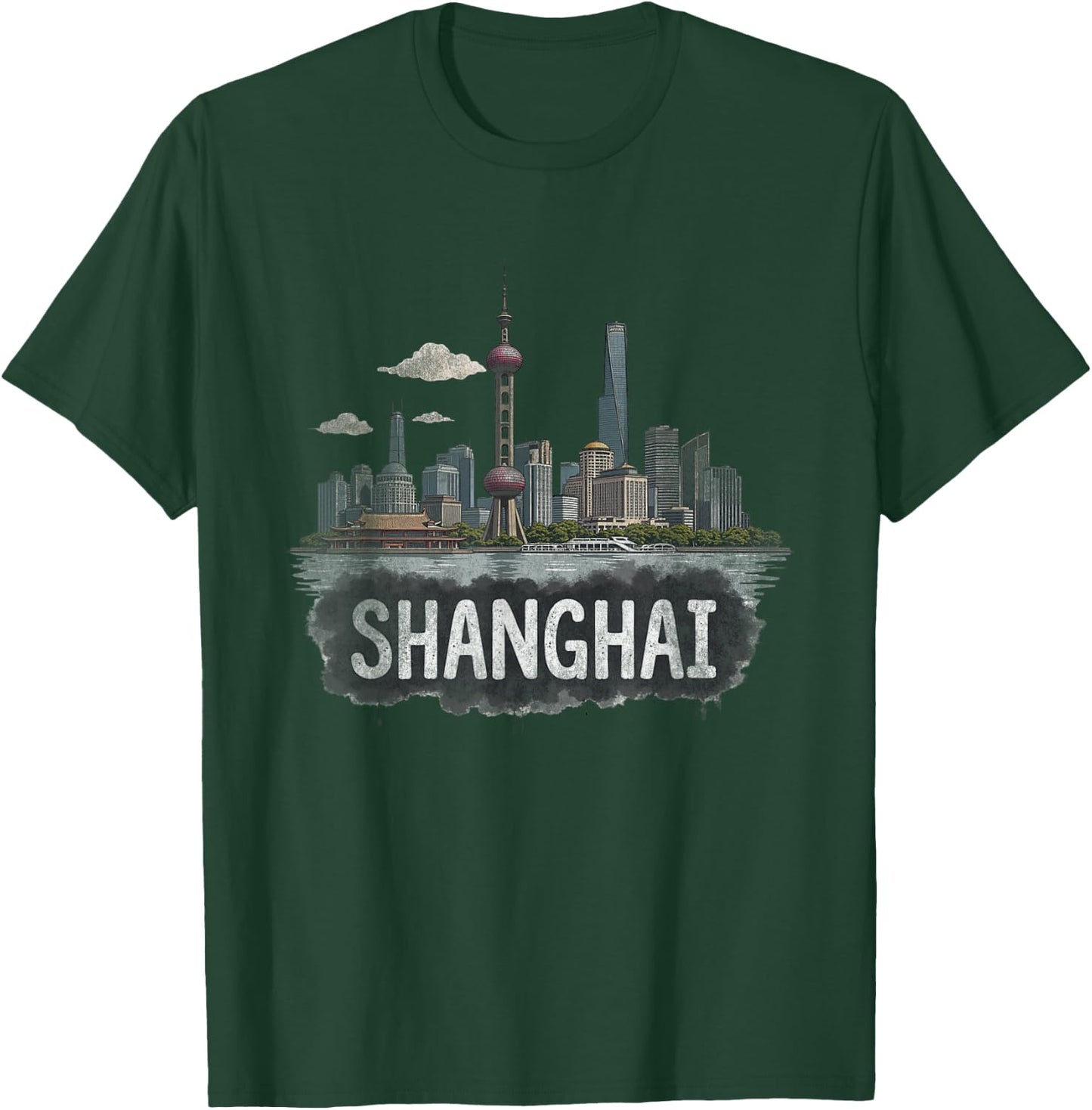 Retro Souvenir Shanghai Landscape , Black, S T-Shirt - T-Shirt | Forest