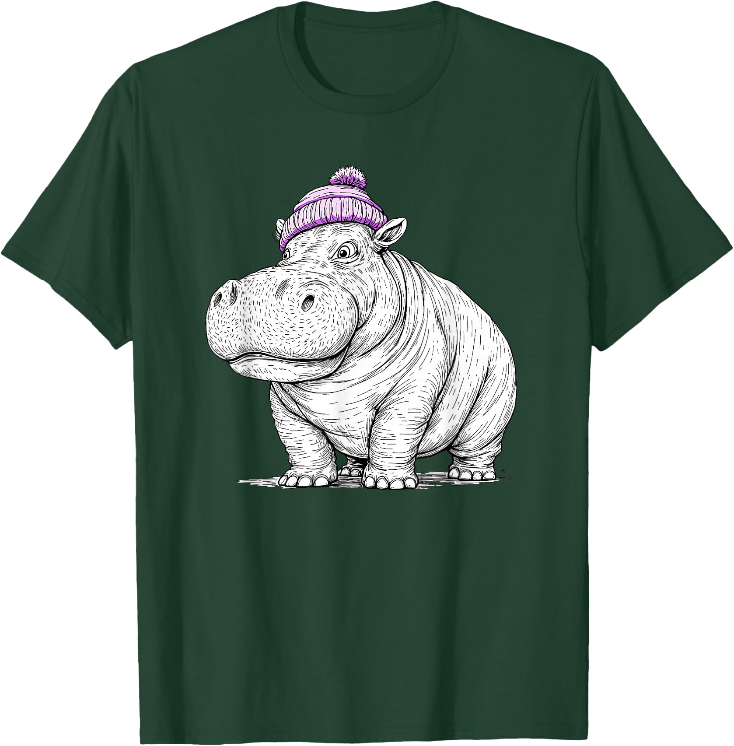 Hippo Wearing a Beanie Stocking Hat Cute Animal Design T-Shirt - T-Shirt | Forest