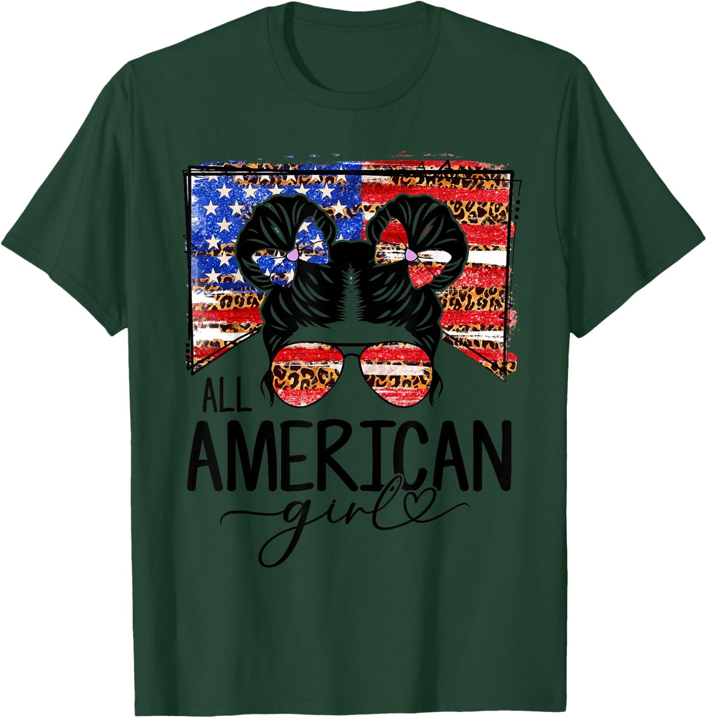 All American Girls 4th of July Messy Bun Leopard Patriotic T-Shirt - T-Shirt | Forest