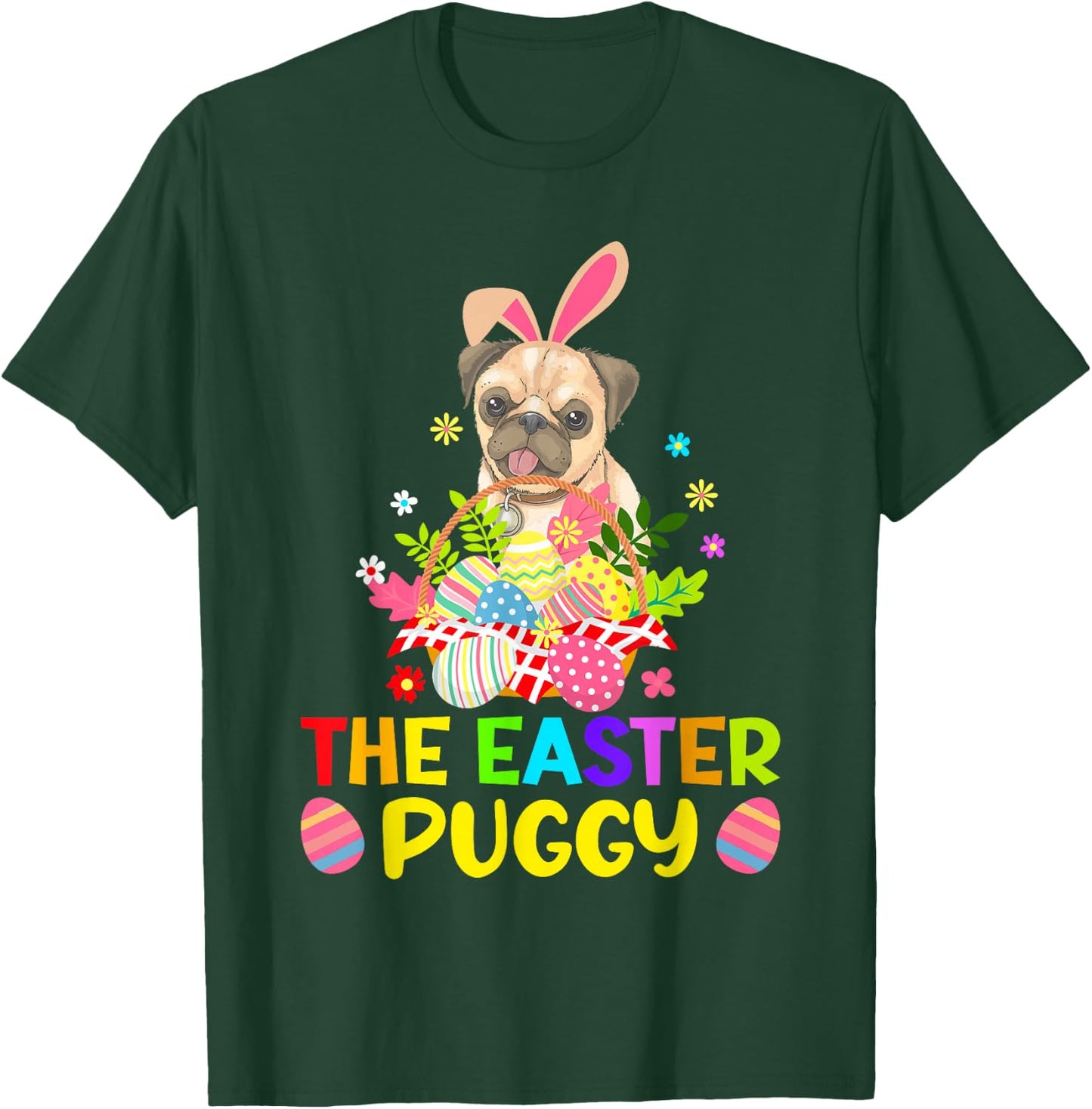 Funny Easter Pug Bunny Ear Eggs Basket Dogs Kids T-Shirt - T-Shirt | Forest