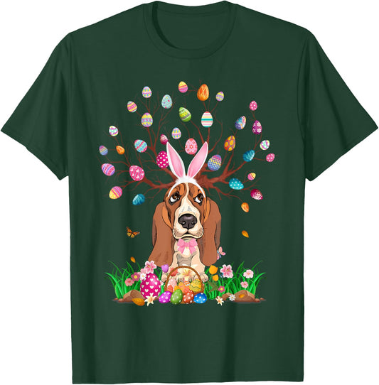 Basset Hound Dog With Bunny Ears Easter Egg Tree Easter Day T-Shirt - T-Shirt | Forest