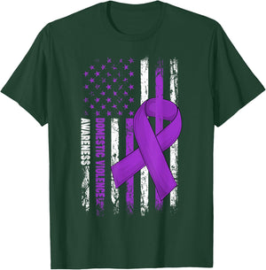 Domestic Violence Awareness Survivor Purple Ribbon USA Flag T-Shirt - T-Shirt | Forest