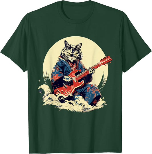 Japanese Samurai Cat Playing Electric Guitar , Black, S T-Shirt - T-Shirt | Forest