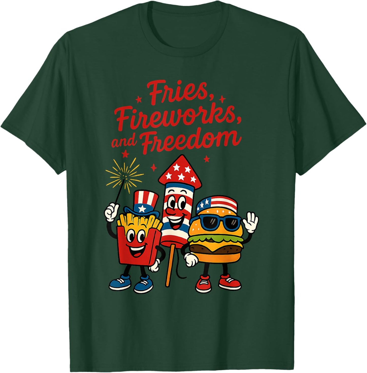 Patriotic Food Burger Fries Fireworks Freedom 4th of July T-Shirt - T-Shirt | Forest