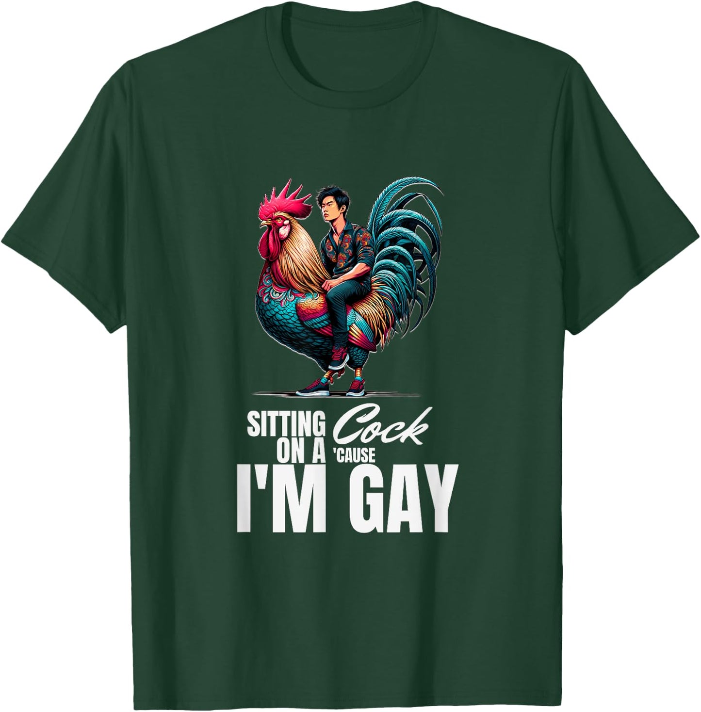 Gay Pride Funny Sitting on a Rooster Fabulous Humour T-Shirt - T-Shirt | Forest