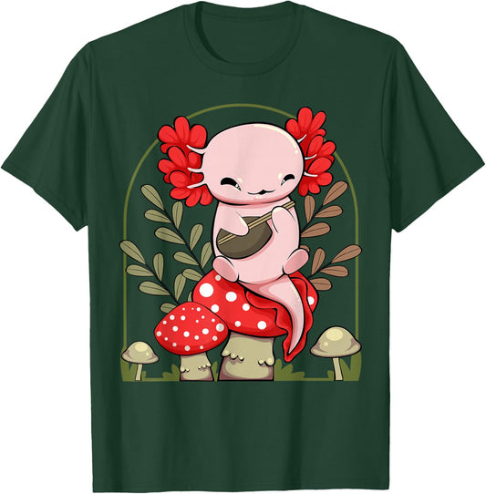 Cottagecore Kawaii Anime Axolotl Playing Banjo on Mushroom T-Shirt - T-Shirt | Forest
