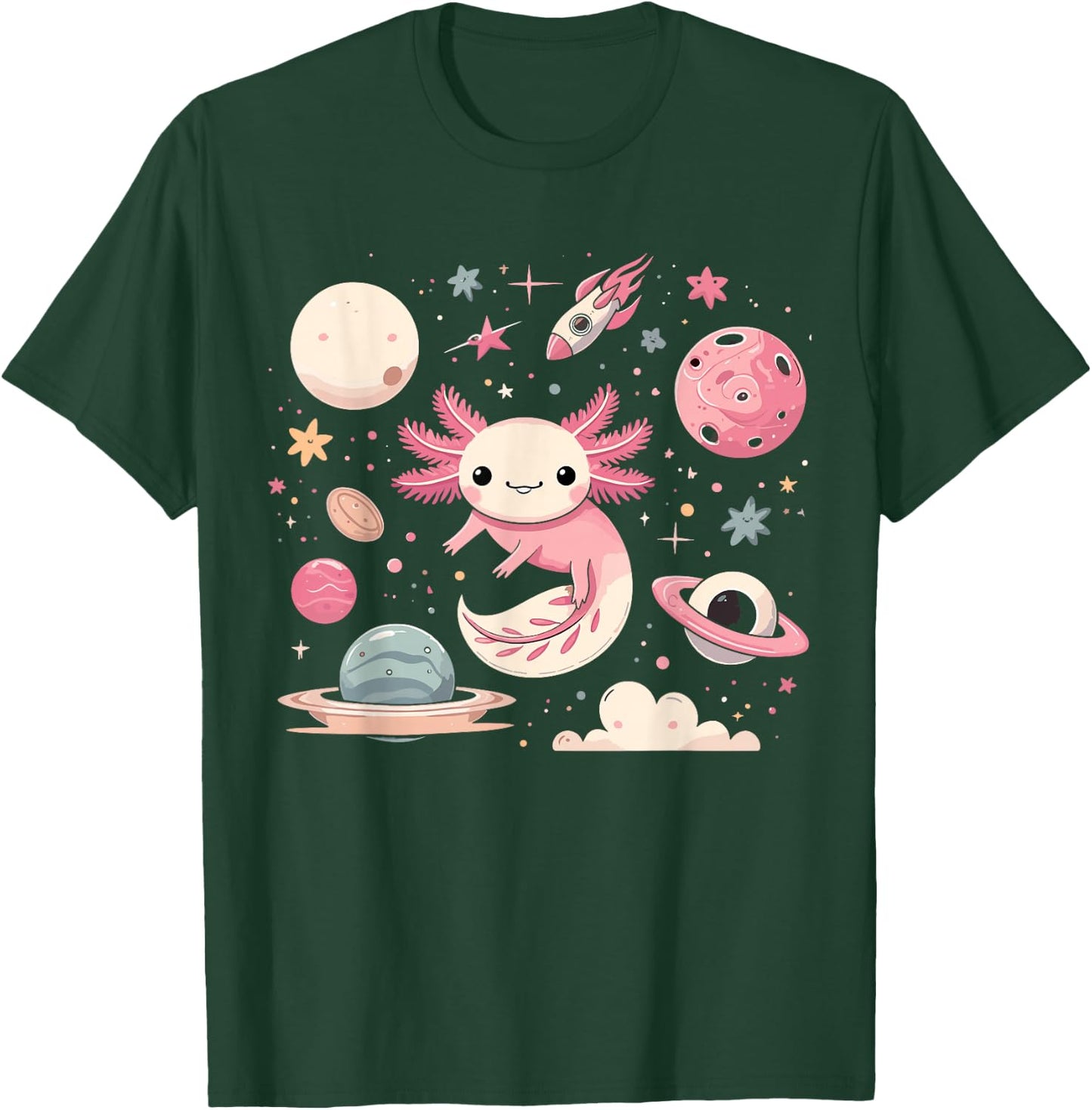 Cute Axolotl in Space Kawaii Axolotl Moon T-Shirt - T-Shirt | Forest