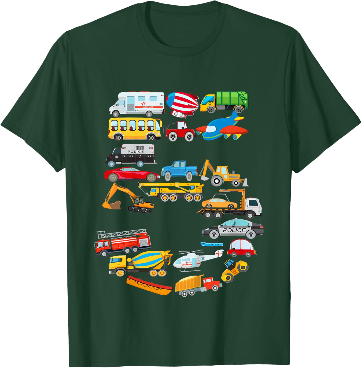 Kids 5th Birthday For Boys Cars Vehicles ,Fire Truck, Airplane T-Shirt - T-Shirt | Forest