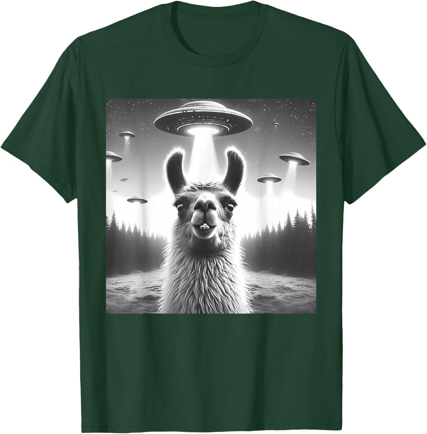Funny Llama Selfie UFO Alien Alpaca Humor Vintage Print Art T-Shirt - T-Shirt | Forest
