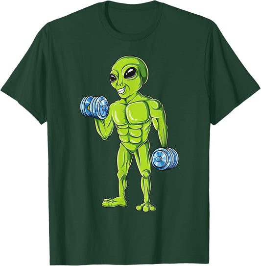 Bodybuilding Funny Workout Gym Weightlifting Fitness Alien T-Shirt - T-Shirt | Forest