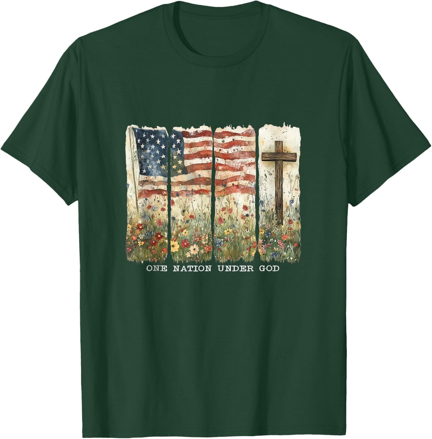 Women One Nation Under God Flag 4th Of July Floral Christian T-Shirt - T-Shirt | Forest