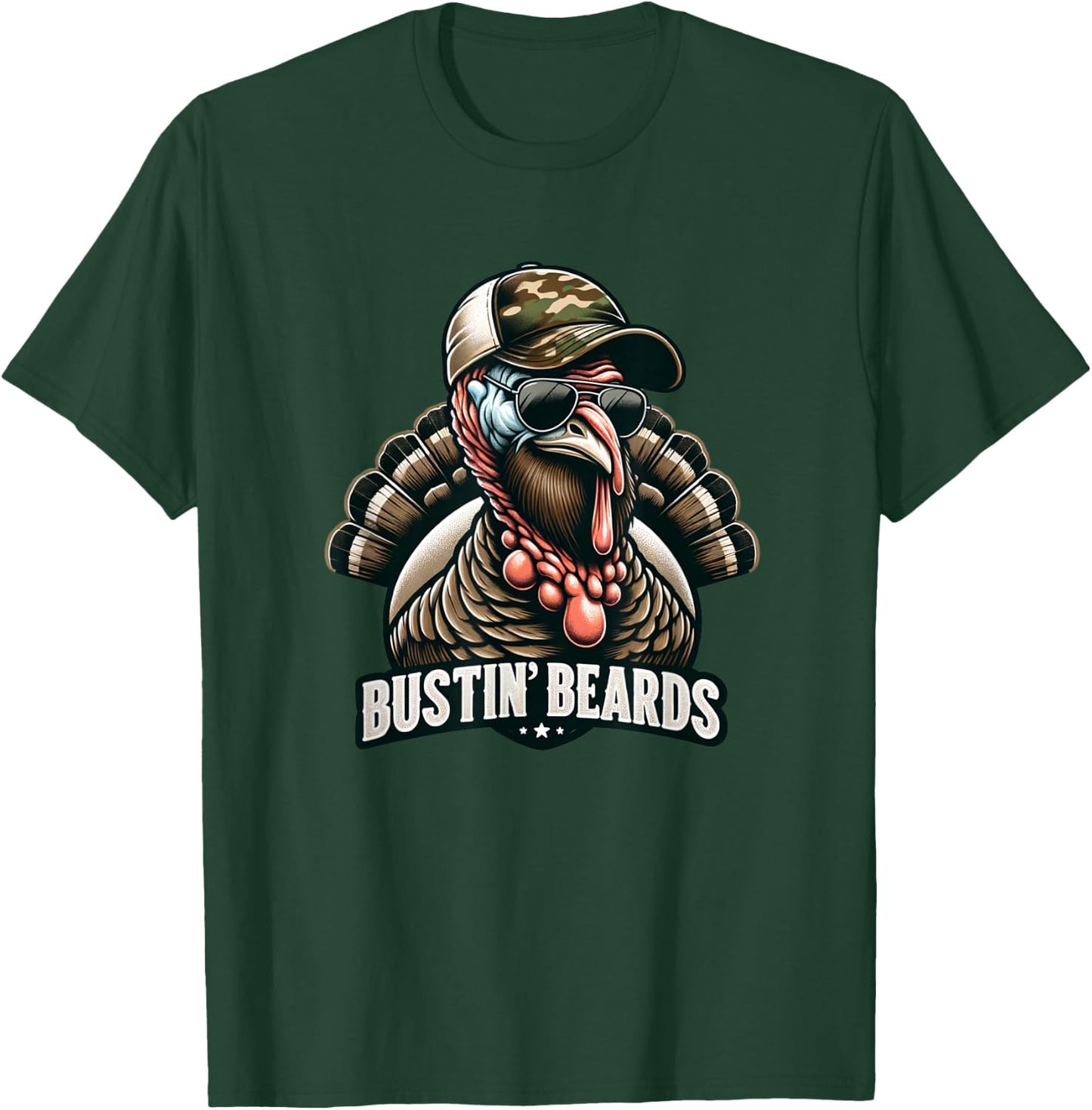 Bustin' Beards Turkey Hunting Tom With Camo Hat & Sunglasses T-Shirt - T-Shirt | Forest