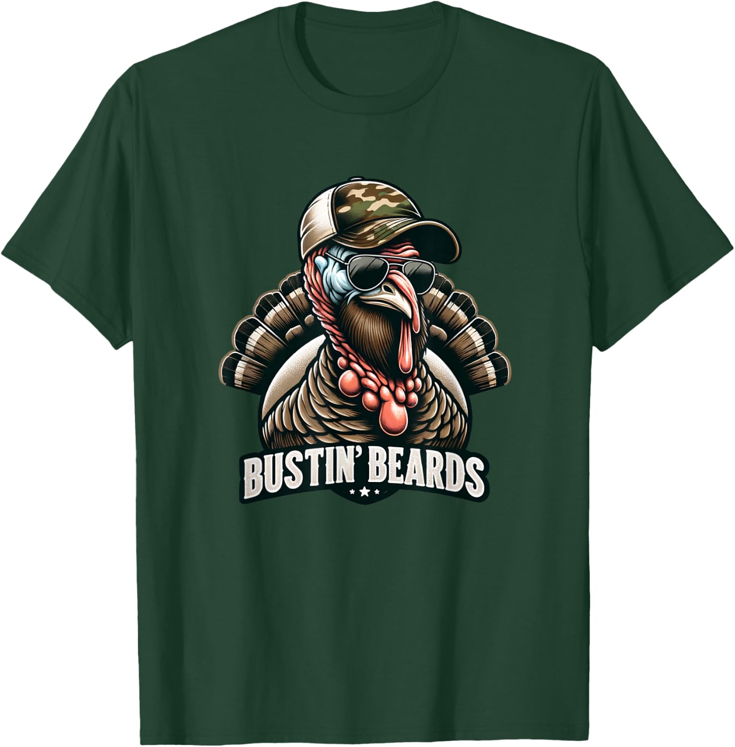 Bustin' Beards Turkey Hunting Tom With Camo Hat & Sunglasses T-Shirt - T-Shirt | Forest