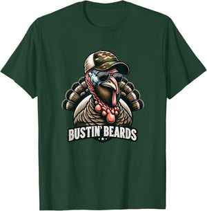 Bustin' Beards Turkey Hunting Tom With Camo Hat & Sunglasses T-Shirt - T-Shirt | Forest