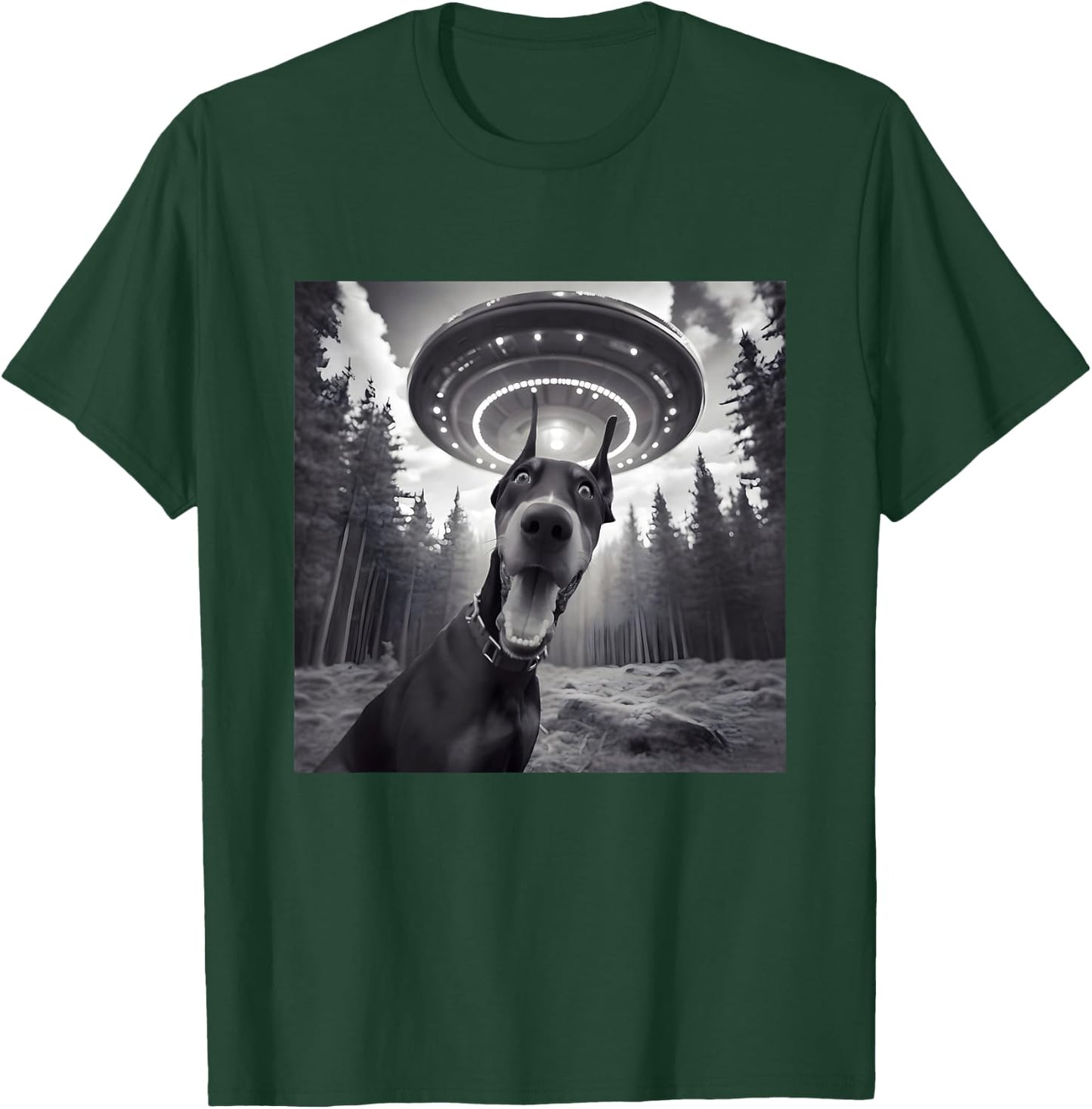 Doberman Dog Selfie With UFO - Funny Graphic Alien Lover T-Shirt - T-Shirt | Forest