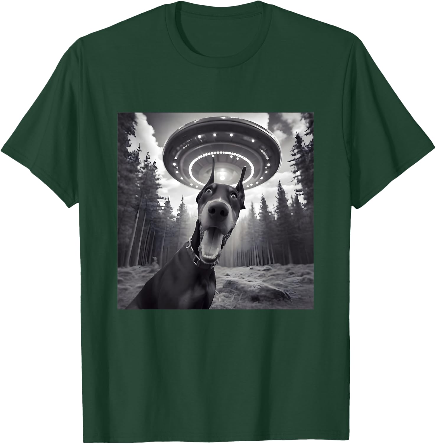 Doberman Dog Selfie With UFO - Funny Graphic Alien Lover T-Shirt - T-Shirt | Forest