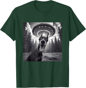 Doberman Dog Selfie With UFO - Funny Graphic Alien Lover T-Shirt - T-Shirt | Forest