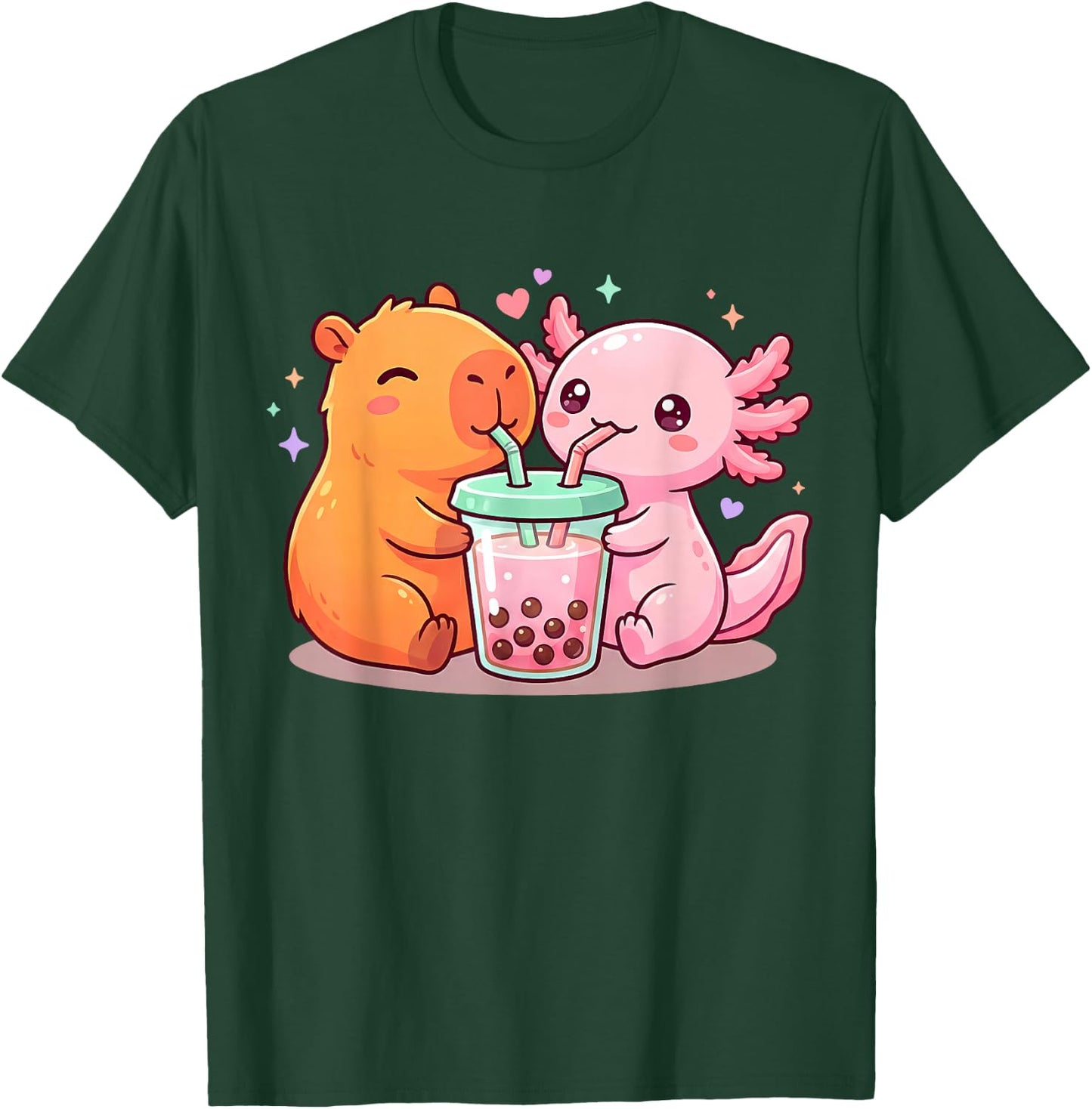 Cute Capybara and Axolotl Bubble Tea Boba Girls Kawaii Anime T-Shirt - T-Shirt | Forest
