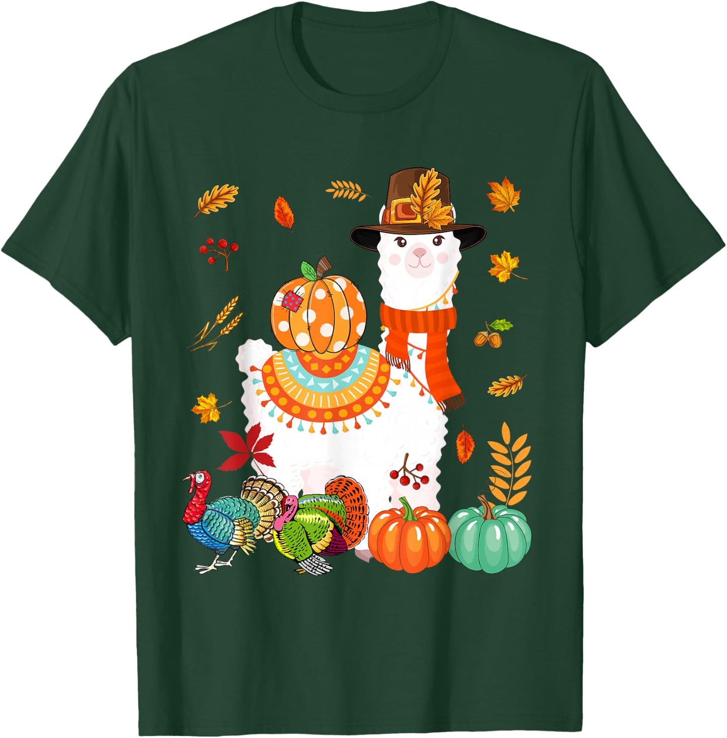 Thanksgiving Llama With Turkey Fall Pumpkins Lover Farmer T-Shirt - T-Shirt | Forest