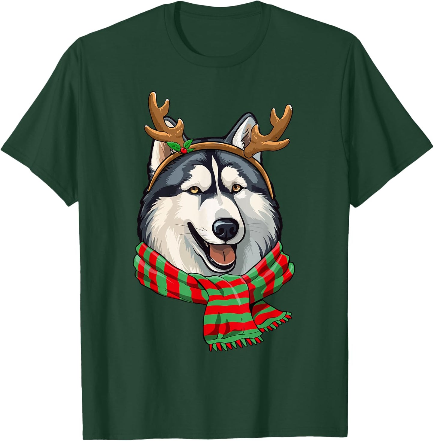 Siberian Husky Dog Christmas Reindeer Santa Hat Funny Xmas Women Kids T-Shirt - T-Shirt | Forest