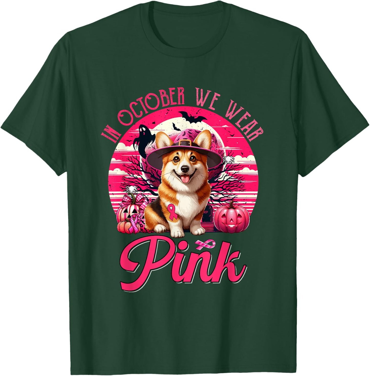 In October We Wear Pink Breast Cancer Awareness Corgi T-Shirt - T-Shirt | Forest
