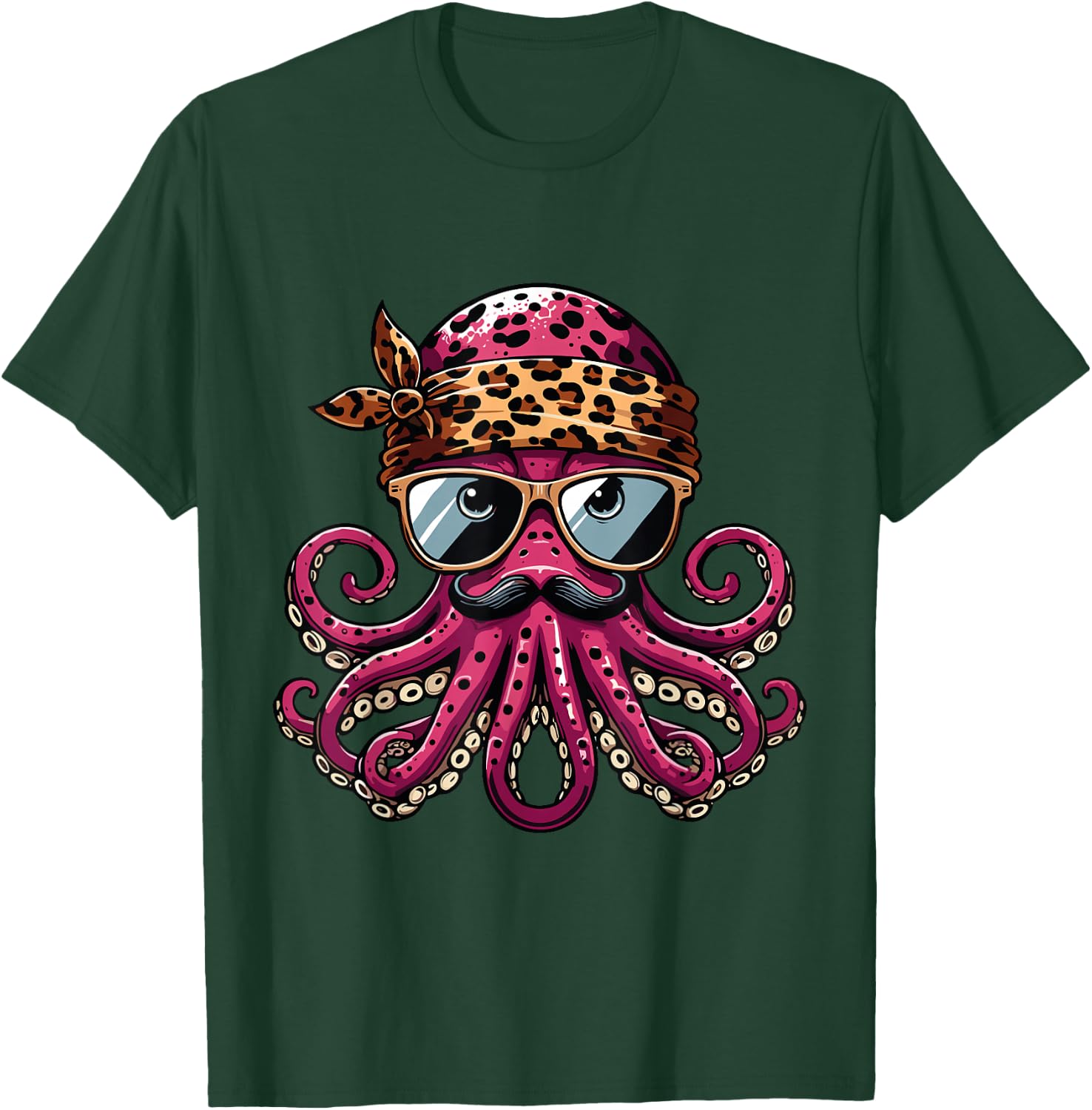 Octopus Wearing Leopard Print Scarf Cute Sunglasses Shades T-Shirt - T-Shirt | Forest