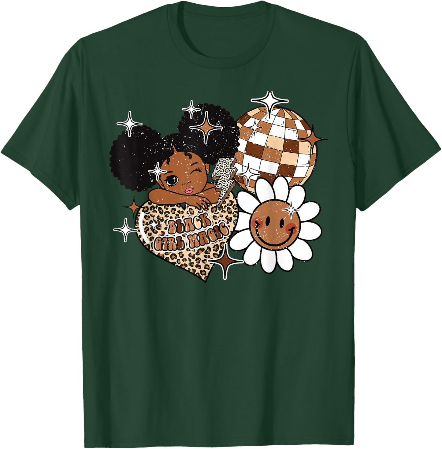 Kids Black Girl Magic Melanin History Girls Afro Puffs Retro T-Shirt - T-Shirt | Forest