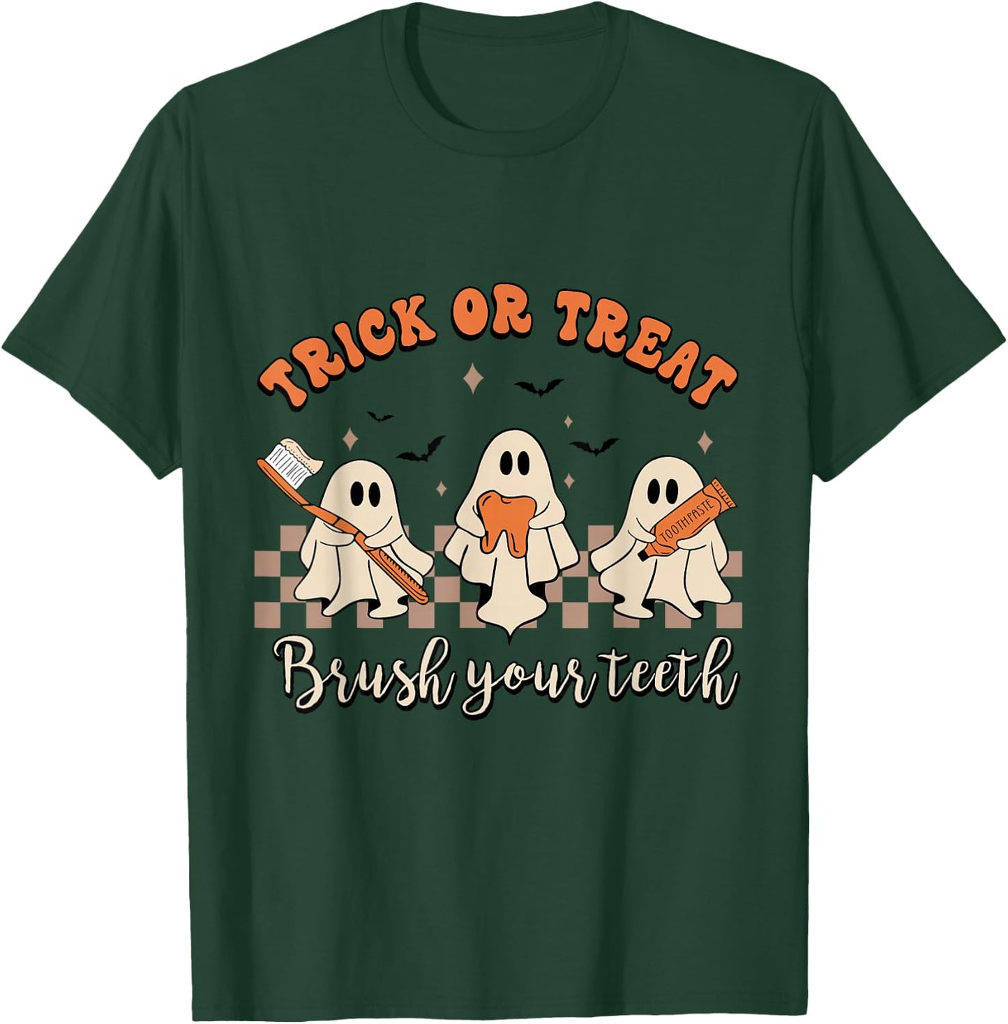 Trick Or Treat Brush Your Teeth Retro Halloween Cute Dentist T-Shirt - T-Shirt | Forest