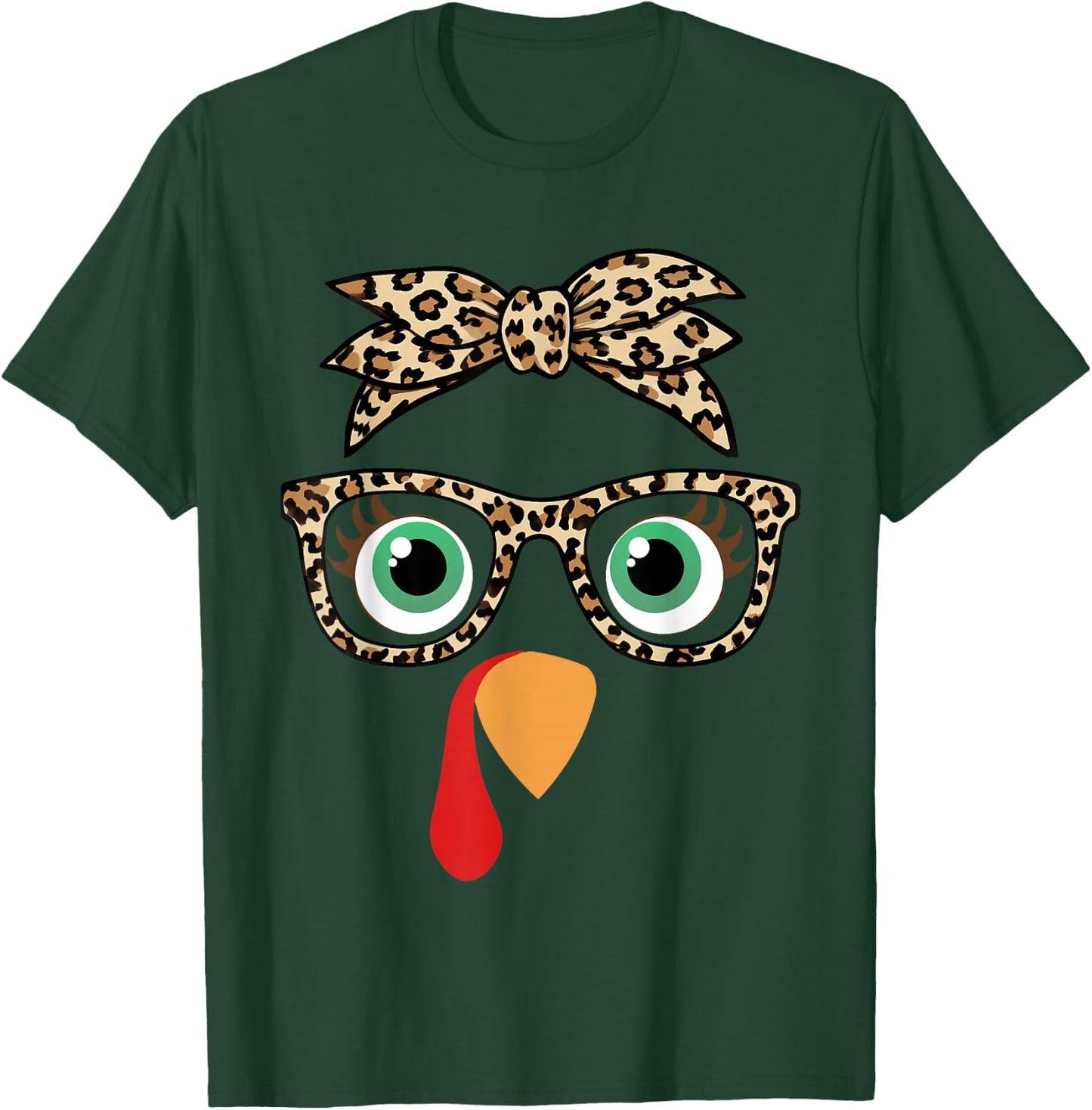 Thanksgiving Turkey Face Girl Leopard Bow And Glasses Women T-Shirt - T-Shirt | Forest