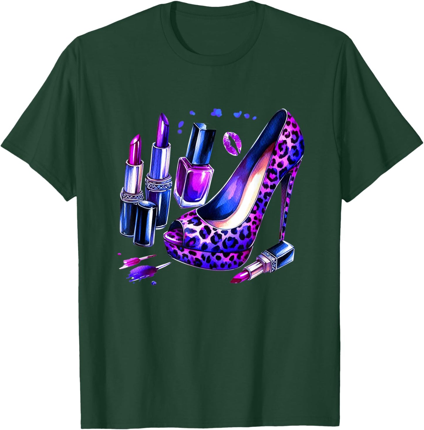 Purple Leopard Pattern High Heel Shoes Lipstick Nail Polish T-Shirt - T-Shirt | Forest