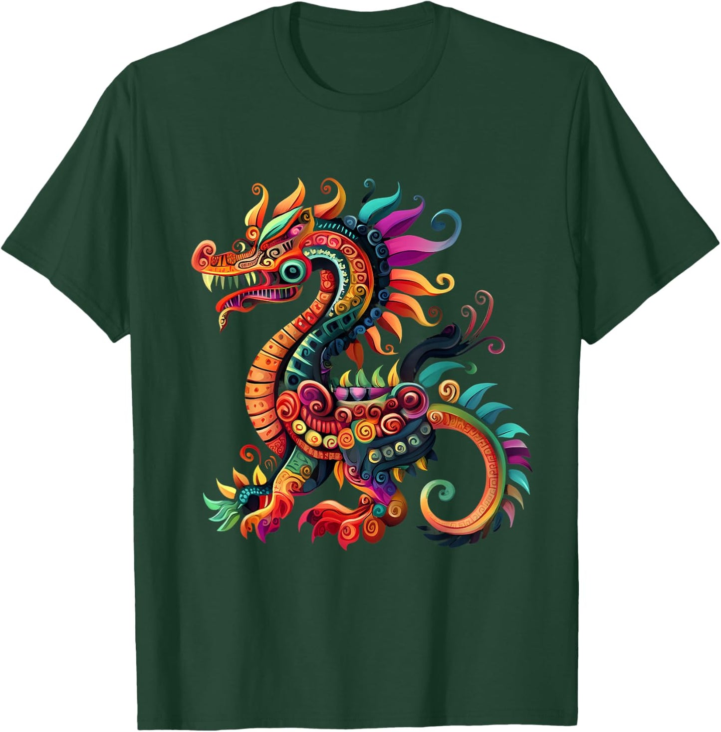 Aztec Mexican Mythology Dragon Feathered Serpent Artwork T-Shirt - T-Shirt | Forest