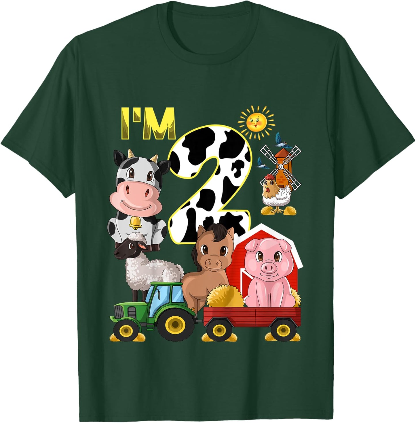Kids Farm Animals Tractor 2nd Birthday 2 Year Old Birthday Party T-Shirt - T-Shirt | Forest