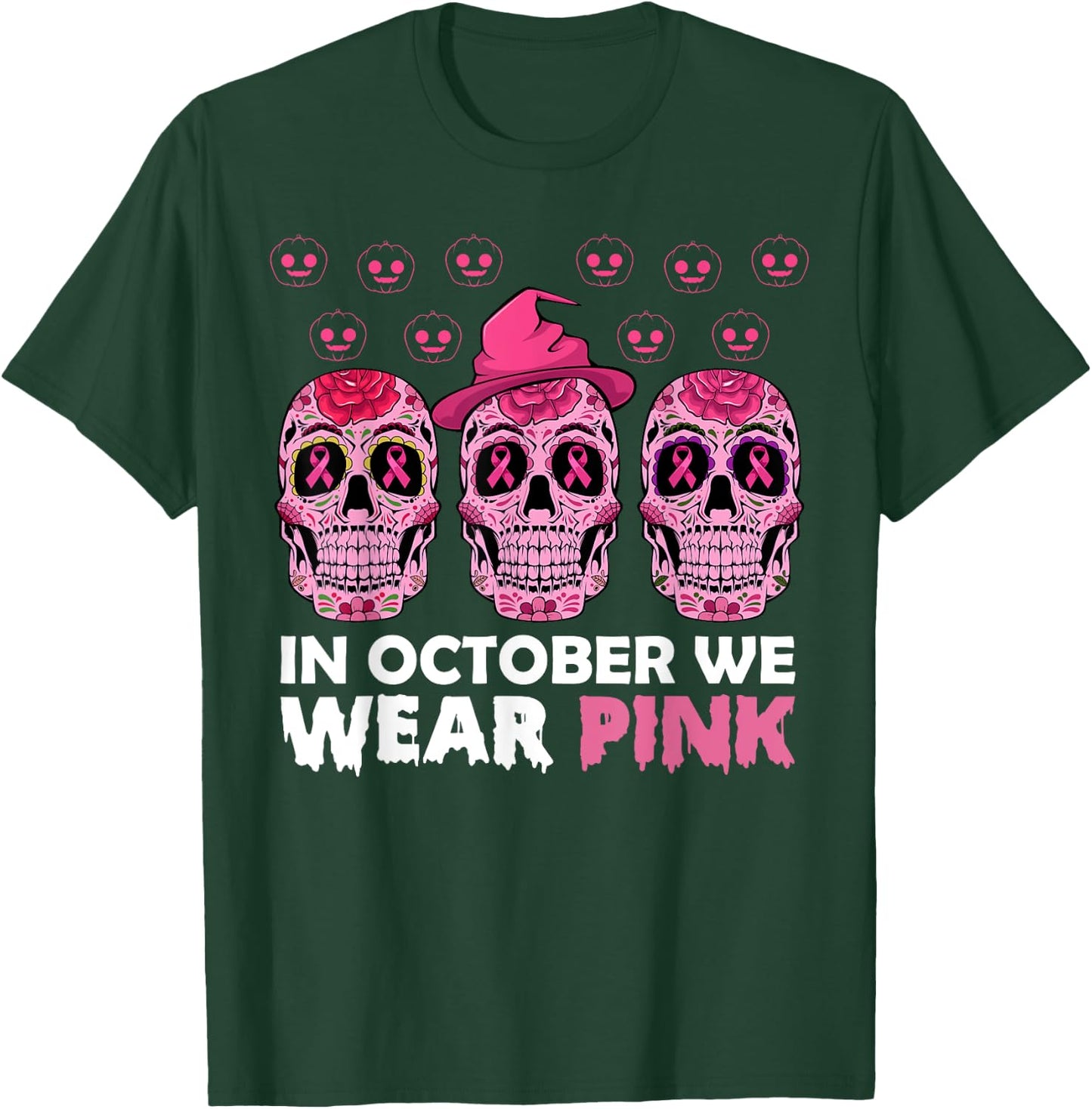In October We Wear Pink Breast Cancer Awareness Sugar Skull T-Shirt - T-Shirt | Forest